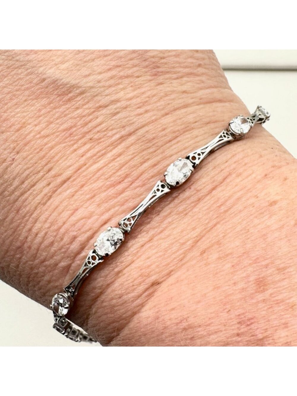 Estate Womens Bracelet 14K White Gold CZ Bracelet Vintage Filigree Style 7" - Picture 4 of 7